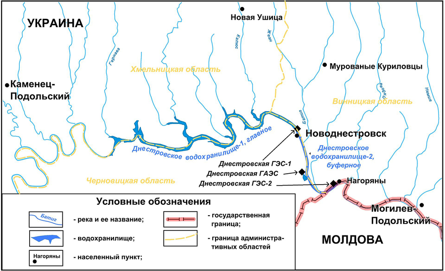 Карта: Днестровская ГЭС-1, Днестровская ГЭС-2 и Днестровская ГАЭС на р. Днестр