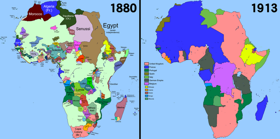 Сравнение Африки в 1880 и 1913 гг.