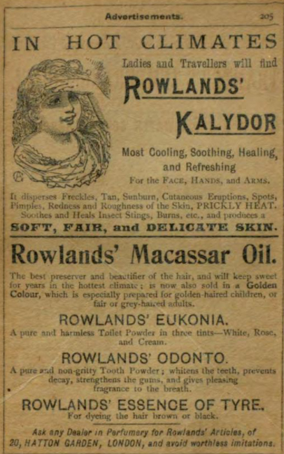 В жарком климате дамы могут наносить на кожу калидор, самый освежающий и заживляющий для лица и рук_реклама в путеводителе Томаса Кука, 1898